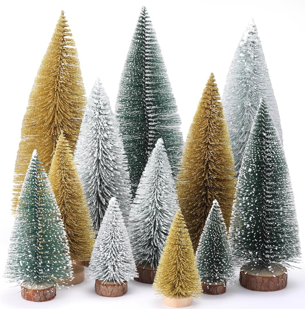 Meooeck 12 Pcs Mini Christmas Trees Bottle Brush Christmas Trees 4 Sizes 4/6/8/10 Inch Artificial Xmas Tree with Wood Base Winter Fake Pine Tree Decor for Home(Green, Gold, White)