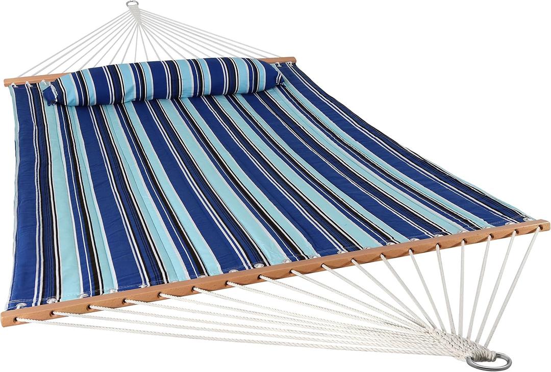 Sunnydaze Quilted Double Hammock for Outside with Spreader Bars and Pillow - 450 lb Capacity, 74x55 Inch Bed, UV Resistant, Quick Dry - Chains Included, Stand Sold Separately - Catalina Beach