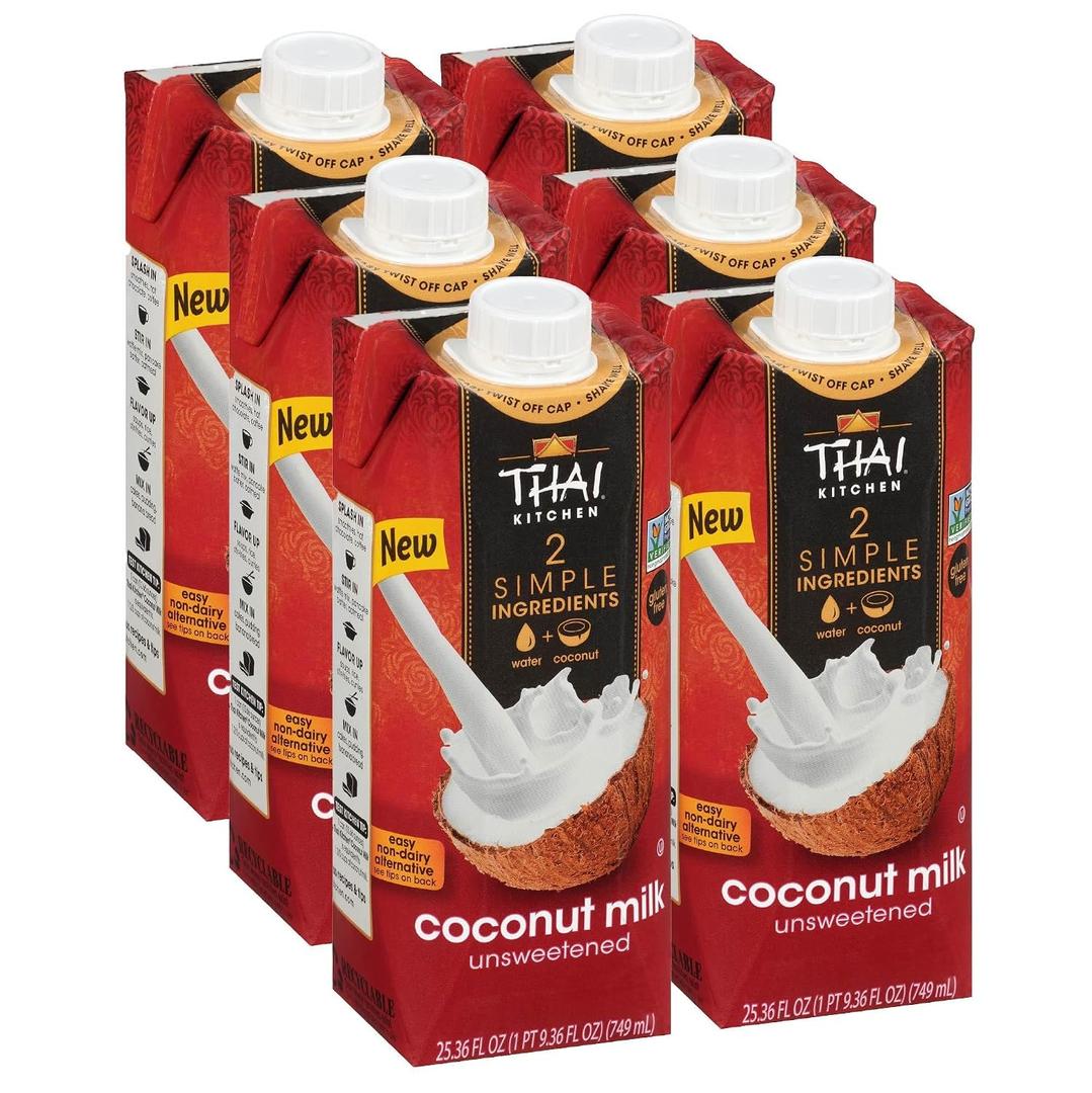 Thai Kitchen Coconut Milk, Unsweetened, Non Dairy Milk Substitute, Gluten Free, Non GMO, Vegan, For Smoothies, Ice Cream, Oatmeal, Coffee, and More, 25.36 fl oz (Pack of 6)