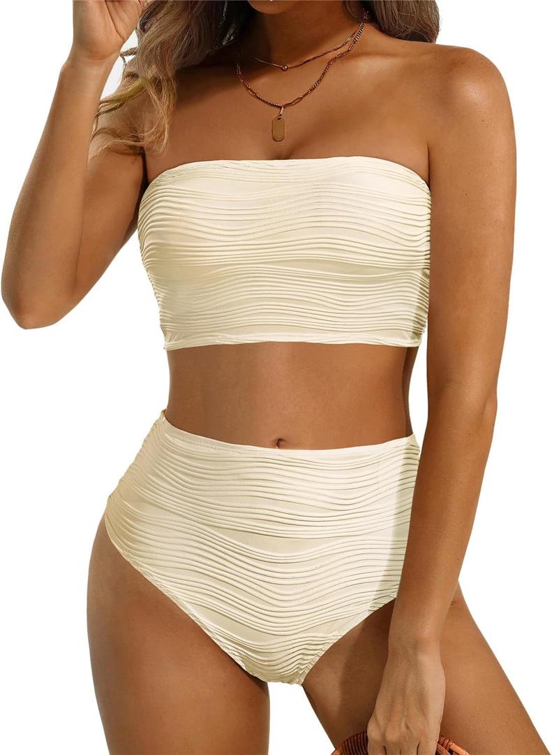 High Waisted Bandeau Bikini Set - Women Strapless Two Piece Swimsuits Ribbed Longline Full Coverage Bathing Suits Swimwear (XX-Large, Beige)