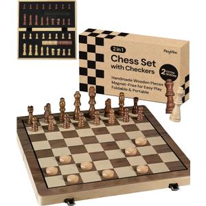 PlayVibe Wooden Chess Set 15'' & Checkers Board Games for All Players with 2 Extra Queens - Handmade Classic Wooden Chess Board, Portable & Folding Playtime Boards, Beginner & Professional Use