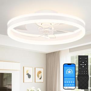 VOLISUN Low Profile Ceiling Fans with Lights and Remote, 20in Flush Mount Ceiling Fans with Light, 3000K-6500K Dimmable Fandelier LED Fan Light, White Bladeless Ceiling Fans with Lights for Bedroom