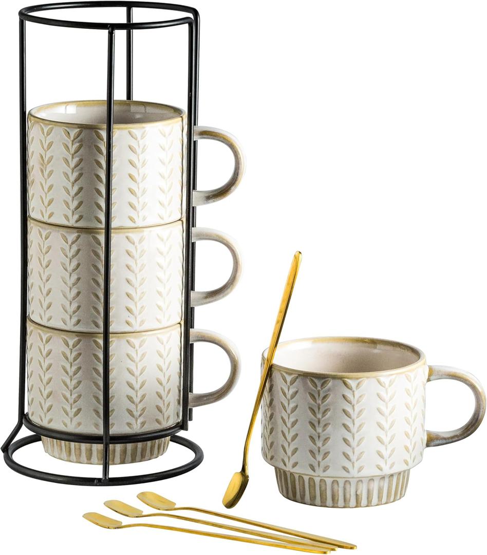 Miamolo Coffee Mugs Set of 4 with Spoons & Stand, Stackable Espresso Cups 13oz Coffee Mug for Drinks Latte Cappuccino Tea, Coffee Cup for Women Men Couples Housewarming Birthday Gift, Dishwasher Safe (Beige)