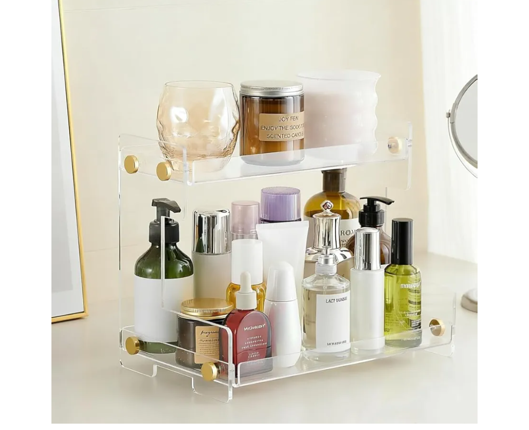 FFK Bathroom Organizer Countertop 2-Tier Storage：Bathroom Counter Organizer Acrylic Standing Holder Cosmetic Storage Perfume Shelf for Bathroom Bedroom Dressing Table1