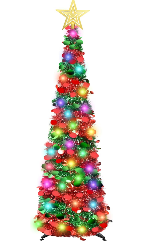 5 FT Pop Up Christmas Tinsel Tree with 50 LED Lights & Remote, Star Topper, Easy Assembly with Stand, Collapsible Prelit Christmas Pencil Tree for Xmas Home Party Decor (Green, Red)