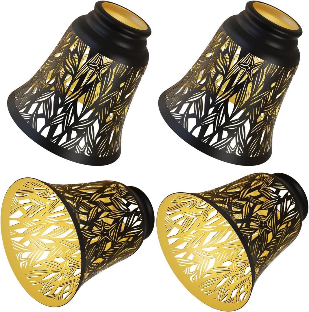 4 pack ceiling fan light covers- small lamp shades,mini lamp shades,metal lamp shade for pendant light shade, wall lamp, with 1-5/8" Fitter, 4-3/4" Height and 4-3/4" Diameter, black and gold colors.