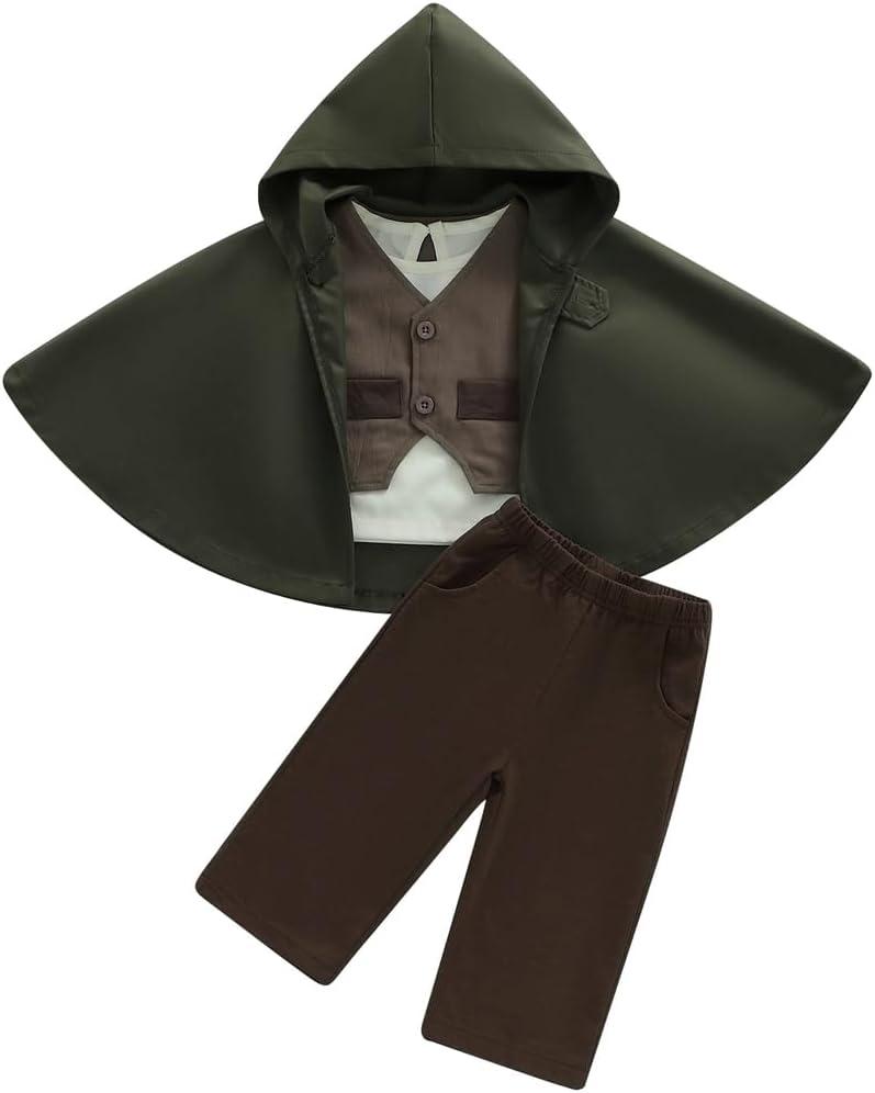 Infant Toddler Baby Boys Halloween Costume Medieval Ring Bearer Long Sleeve Shirt Vest Cloak and Pants 4pcs Outfit Set (Army Green, 12-18 Months)