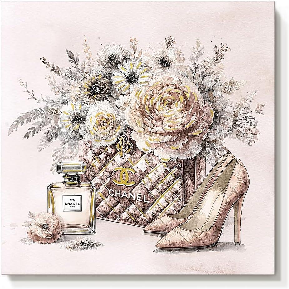 cozy country Chanel Inspired Canvas Wall Art 12x12 Inches Luxury Fashion Artwork Print, Featuring Perfume, Handbags, High Heels & Flowers, Perfect for Bathroom & Lady's Room Decor