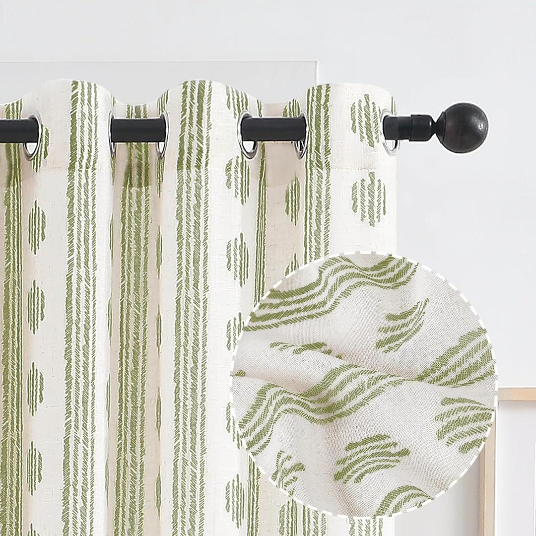 Melodieux Boho Striped Pattern Linen Textured Sheer Curtains for Bedroom, Living Room Light Filtering Grommet Window Curtain Drapes, 42 by 84 Inch, Sage on Beige(2 Panels)