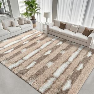 Fluffy 6x9 Feet Beige Large Shag Striped Area Rug, Rectangle Plush Fuzzy Rugs for Living Room, Soft Shaggy Carpets for Bedroom, Indoor Non Slip Washable Carpet Girls Kids Room Home Decor