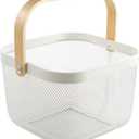 Metal Mesh Steel Basket, Storage Organizer Basket Multi-functional Hanging Kitchen Baskets Fruit Basket Bin with Bamboo Handle for Kitchen Bathroom Picnic Shopping Decor Cabinet Home, White