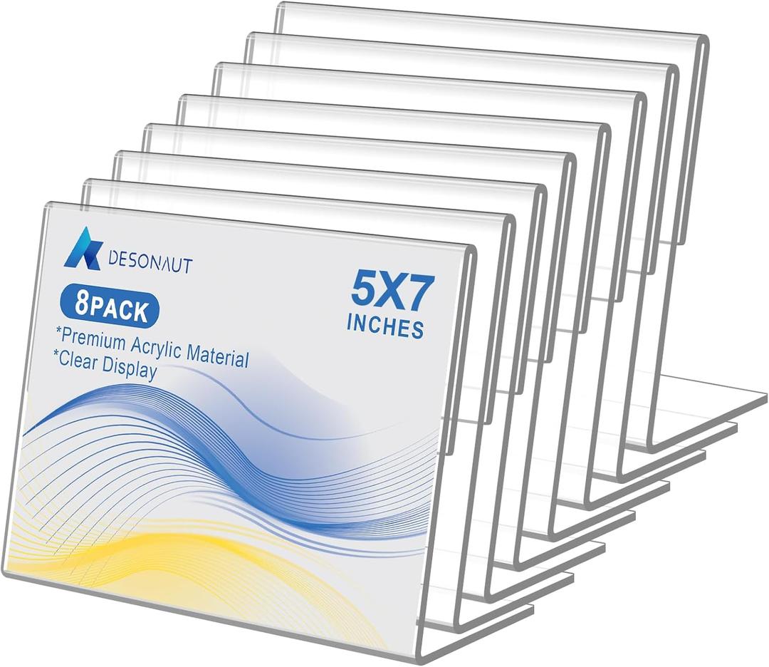 DESONAUT 8 Pack Slanted Back Acrylic Sign Holder 5x7 inches,Clear Tabletop Sign Holder,Acrylic Picture Frames Stands for Display,Plastic Flyer Menu Holder for Office,Home,RestaurantHorizontal