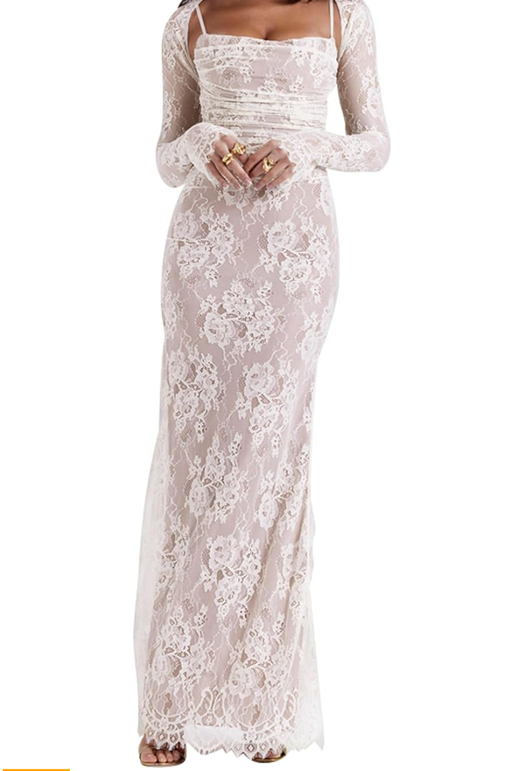 Women Vintage Cream Lace Maxi Dress Romantic Long Sleevees Lace Bodycon Dress L, White