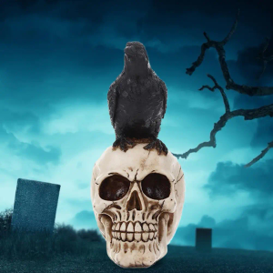 Halloween Raven On Skull Decoration Gothic Crow On Skull Statue, Bird Perching On Skeleton Figurine