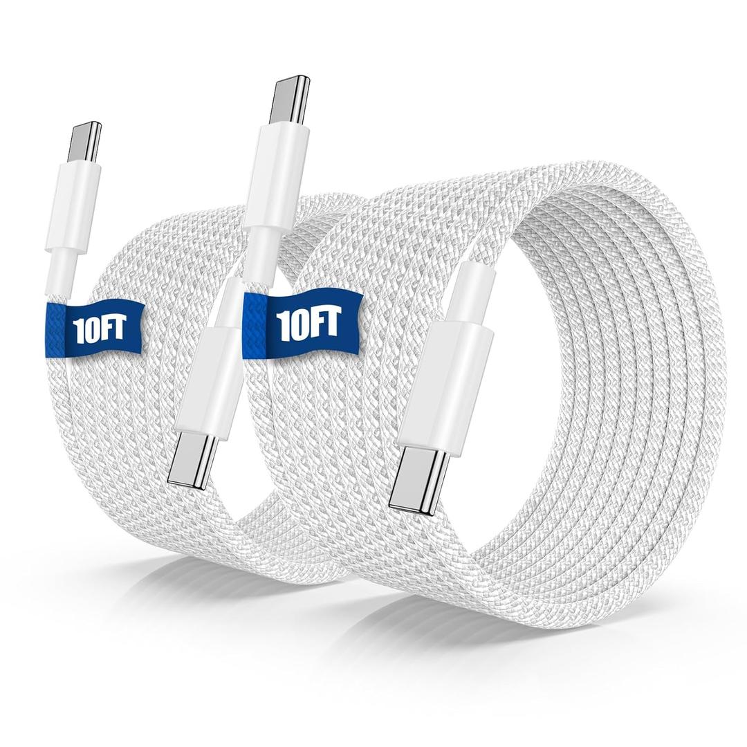 USB C to C Fast Charger Cable 10ft, 60W Long Fast Charge Type C to C Charging Cord Wire for Apple iPhone 16 Pro Max/16 Pro/15 Plus/15 Pro Max,iPad Pro 12.9/11 inch/Mini/Air 5/4th,MacBook,Samsung-White