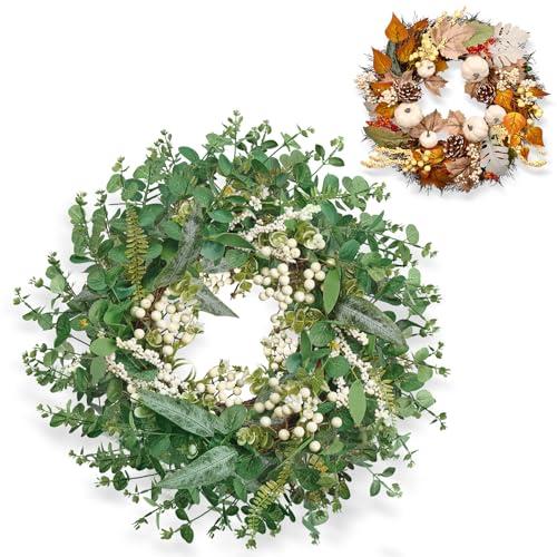 2PACK Thanksgiving Fall Wreaths for Front Door Porch Wreath with Pumpkin Berries and Spring Eucalyptus Wreath for Indoor Outdoor Decor for Autumn Harvest Thanksgiving Holiday Celebrations
