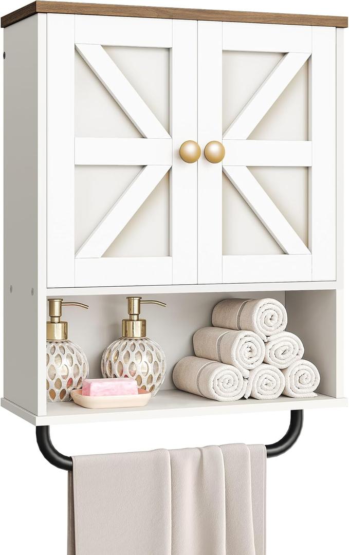 Bathroom Wall Cabinet, Medicine Cabinet with Open Partition and Towel Bar, Rustic Storage Cabinet with Open and Hidden Storage Space, for Bathroom, Living Room, Kitchen, White and Walnut (7.1"D x 18.9"W x 24.8"H)