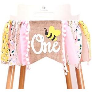 1st Happy Birthday Banner - Highchair Banner Tassels for Girl&Boy Birthday Party Decoration,Baby Birthday Photo Props Party Supplies(Bee)