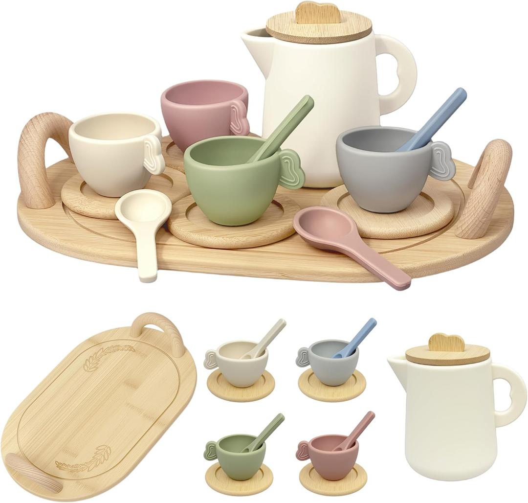 Wooden Tea Set for Toddlers 3-5, 15 Piece Tea Party Set with Teapot, Cups, Spoons and Tray for Girls and Boys, Pretend Play Kids Kitchen Accessories for Ages 3-6