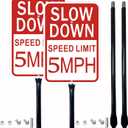 2 Pack Slow Down Sign, Speed Limit Sign 5 MPH, 36 Inches Metal Stakes, 14x10 Inches Reflective Aluminum, Fade Resistant, Easy to Install