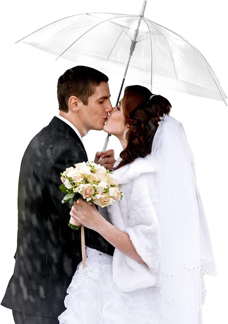 Reginary 10 Pack Clear Wedding Umbrellas Auto Open Windproof Transparent Large Clear Bubble Stick Umbrella Bulk with J Hook Handle for Outdoor Bride Groom Ceremony Adults Kids Rain