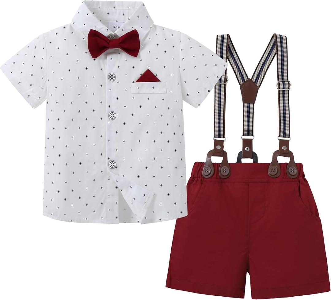 DISAUR Baby Boy Suit Set Toddler Boy Short Sleeves Shirt Suspender Pants Bowtie Outfit Gentleman Wedding Wear for 1-5 Years
