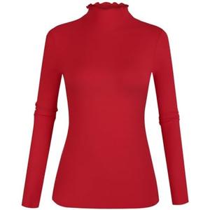 POPZONE Women's Lettuce Trim Mock Neck Long Sleeve Slim Fit Ribbed Knit Tee Shirt Tops, Red , Size M