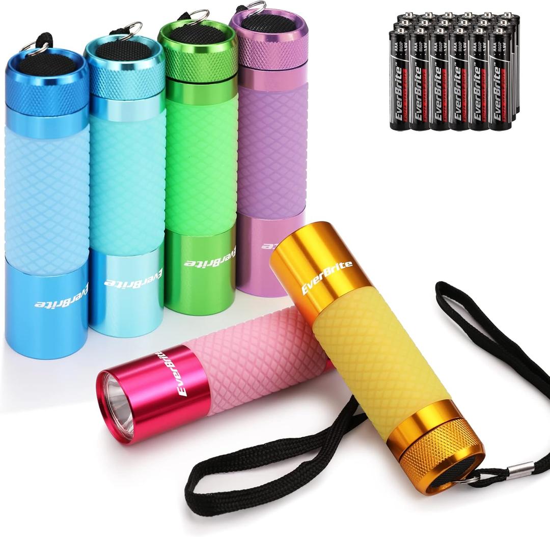 EverBrite 6-Pack Mini Flashlights, Glow in Dark Flashlights, Aluminum LED Flashlights Party Favors Assorted Colors for Camping, Hiking, Indoor, 18XAAA Batteries Included