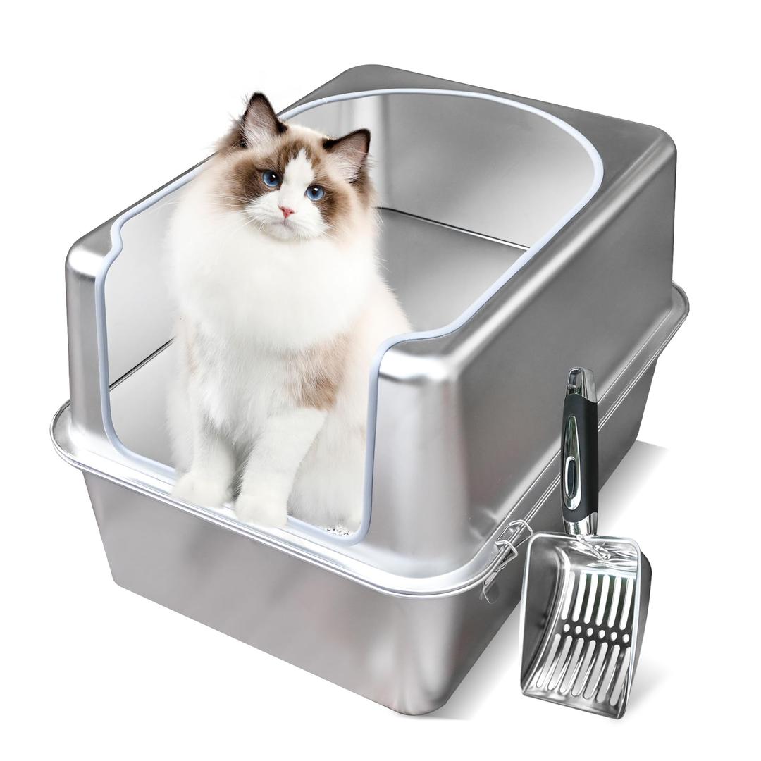 Stainless Steel Litter Box with Metal Lid and Scoop - Enclosed Metal Litter Box for Large Cats, Rust-Resistant, Odor-Control, Easy to Clean, Durable & Long-Lasting with Round Edge (L)