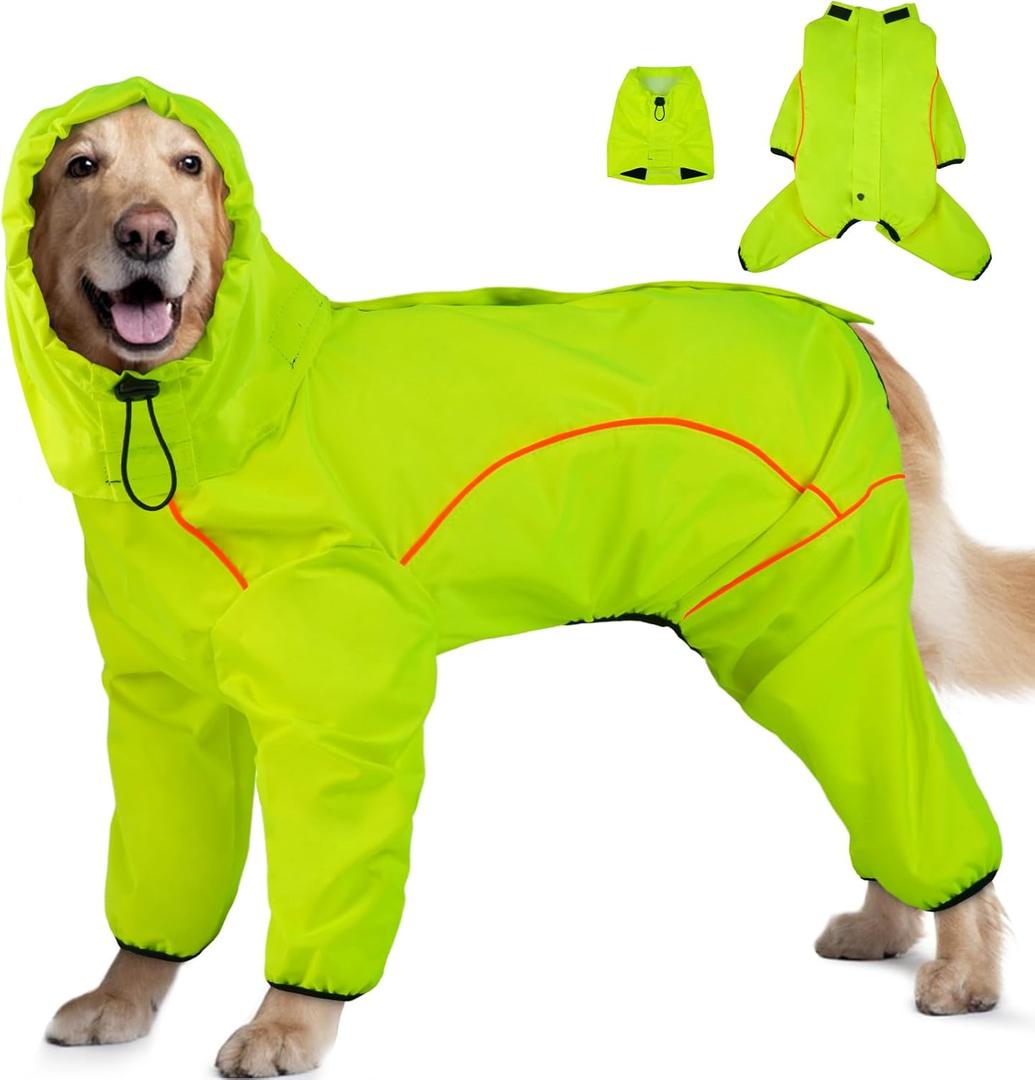 Dog Raincoat, Waterproof Dog Rain Jacket with Removable HoodAdjustable 4 Legs Pet Poncho with Leash HoleReflective Stripe Hooded Snowproof Windproof Clothes for Dogs, 2XL