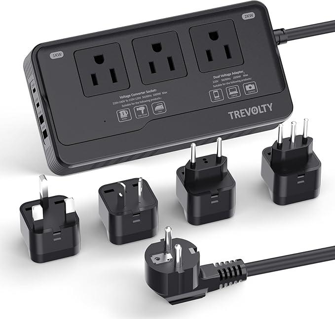 2000W Voltage Converter US to Europe for Hair Dryers, 7in1 220V to 110V Converter for European Travel with 3 AC/2 USBA/2 USBC Ports, Universal Power Converter Adapter Combo with EU/UK/IT/AU, Black
