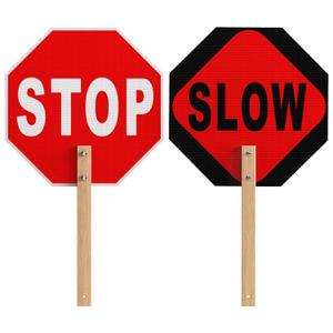 Stop Slow Sign, Double Sided Street Slow Warning Reflective Signs, 13x13 inch Octagon Rust Free Aluminum, with Bamboo Handle, UV Protected and Waterproof, Weather Resistant, Durable Ink, Easy to Mount