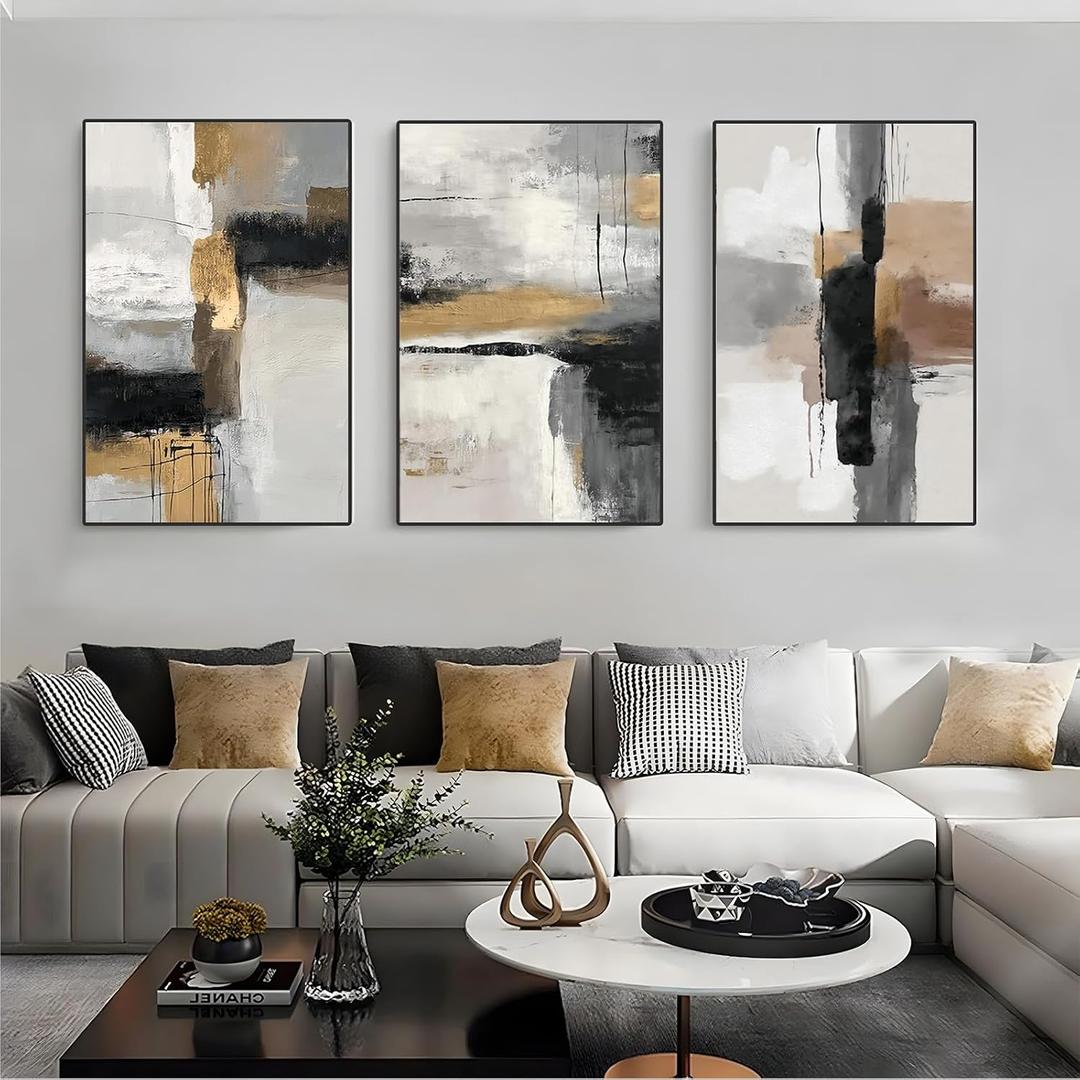 Neutral Abstract Wall Art Set of 3 Framed Canvas Prints, 16x24 Inch Modern Beige Black Abstract Paintings with Gold Accents, Minimalist Wall Decor for Living Room Bedroom Dining Room, Metal Frame Ready to Hang