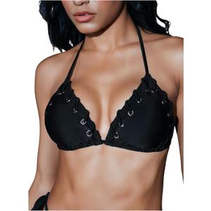 WDIRARA Women's Grommet Eyelet Halter Triangle String Bikini Tops Punk Tie Backless Swim Tops (Black, S)