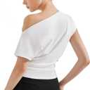 SUUKSESS Women Off The Shoulder Summer Tops One Shoulder T Shirt Casual Short Sleeve Boat Neck Tees (XL, White)
