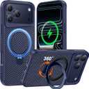 Designed for iPhone 17 Pro Case with 360 Magnetic Stand, Carbon Fiber Phone Case [Compatible with Magsafe] [15FT Military Protection] with Stand Ring 6.3'', Deep Blue
