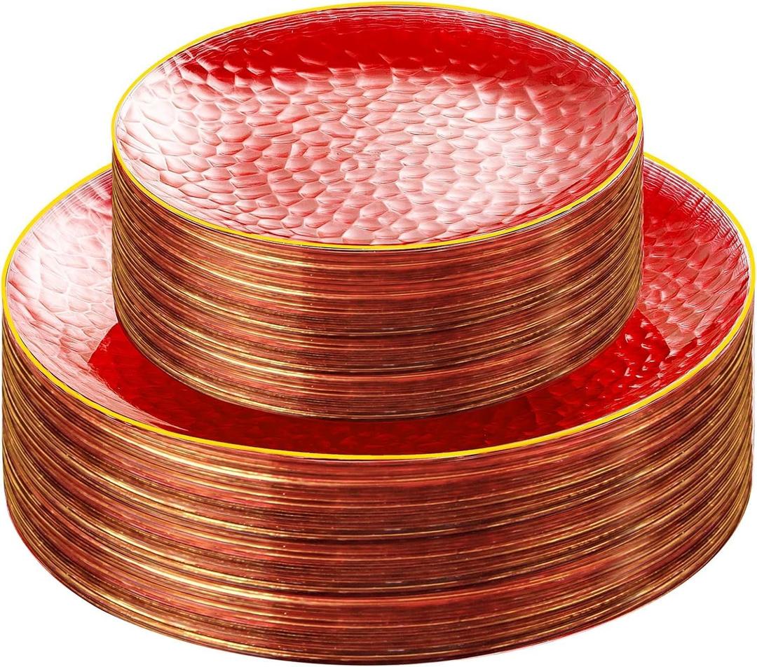 SUT 100Pcs Red Plastic Plates, Hammered Plates Disposable Heavy Duty, Red Disposable Plates With Gold Rim, Fancy Plastic plates Include 50 Dinner Plate and 50 Dessert Plate for Wedding