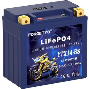 YTX14-BS Lithium Motorcycle Battery, ATV Battery 12V 8AH 600CCA Compatible with Yamaha Scooter Snowmobile Jet Ski, Scooter, PWC & More