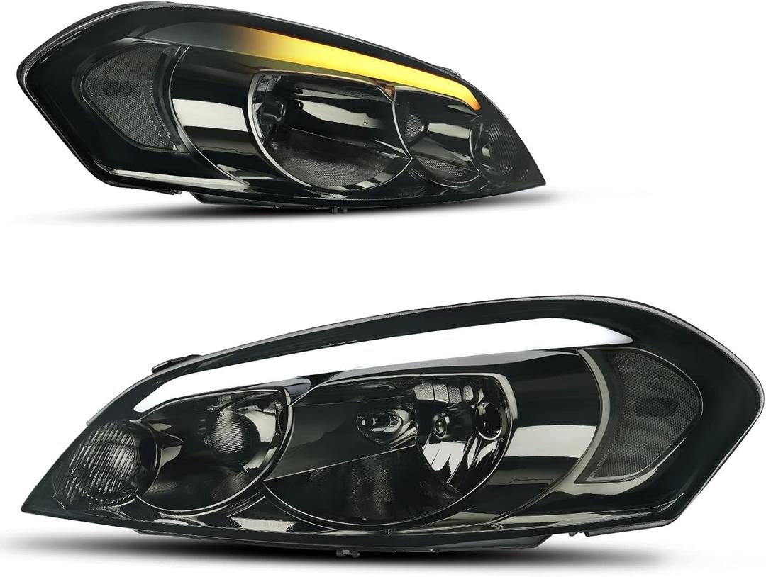 AUTOSAVER88 Switchback LED Tube Headlights Assembly Compatible with 2006-2016 Chevrolet Impala/2006-2007 Chevrolet Monte Carlo DRL Headlight Headlamp Replacement Pair Smoke Lens (B Black Housing Clear Reflector Smoke Lens)