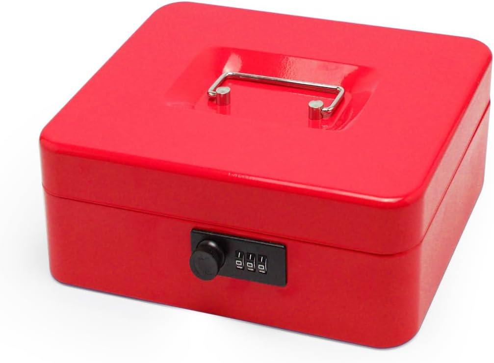 Secure Steel Cash Box with Combination Lock and Removable Tray  Metal Money Organizer for Home and Office Use (Red - 7.9" x6.3" x 3.3")