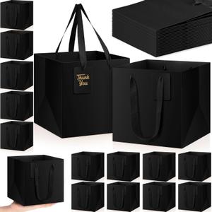 Windyun 50 Pcs Square Paper Gift Bags with Handle 8 x 8 x 8'' Favor Bag with DIY Thank You Tag for Wedding Bridal Shower Bridesmaid Graduation Birthday Party (Black)