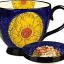JUSONEY 18OZ Handpainted Ceramic Soup Bowls with Snack Serving Tray,with Vintage Floral Embossed Design Microwave Safe, Large Handle & Thick Base, Perfect for Cereals, Fruits,Soup,nut,Snack etc.(D)