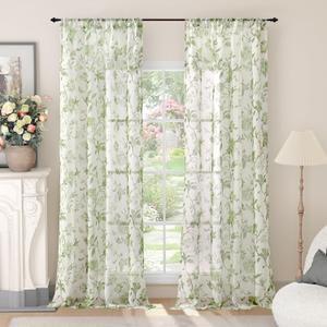 Lajode Sage Green Curtains for Living Room Sheer, Spring Leaf Vines Patterned Farmhouse Light Filtering Semi Sheer Linen Curtains for Bedroom 84 Inch Length 2 Panels Rod Pocket, Each 52 Inch Wide