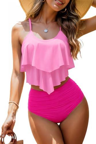 Womens Tankini Swimsuits Ruffled Tank Top Tummy Control Floral Modest Swimwear High Waisted Bikini S