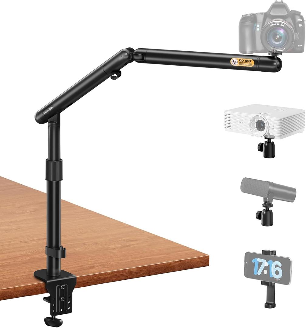 SupeDesk Overhead Camera Mount, Adjustable Desk Mount with Flexible Aluminum Spring Arm, 360 Ball Head, 1/4" 3/8" Screw & Phone Clamp for DSLR Cameras, Light, Heavy Microphones, and Smartphones