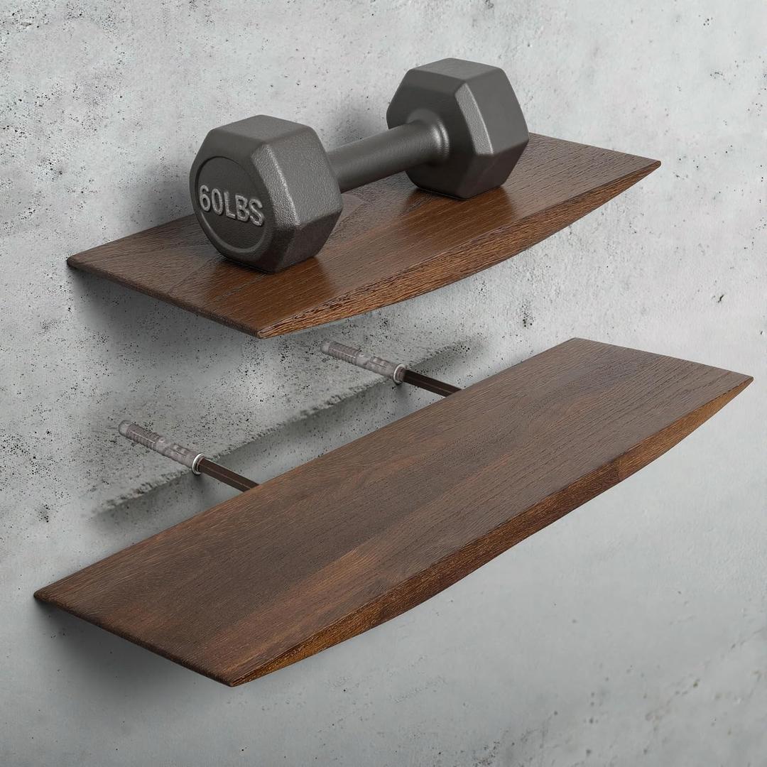 Floating Shelves for Concrete Wall: Solid Wood Shelf 15.75 and 23.6 inch with Heavy Duty Hidden Bracket for Display Books Plants Vinyl Ceramics Collectibles (Dark Brown)
