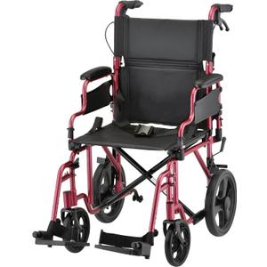 NOVA Lightweight Folding Transport Chair Aluminum Travel Wheelchair with Flip-Up Desk Arms, One-Grip Locking Handbrakes, 8 Front & 12 Rear All-Terrain Wheels Supports Adults Up to 300 lbs Red