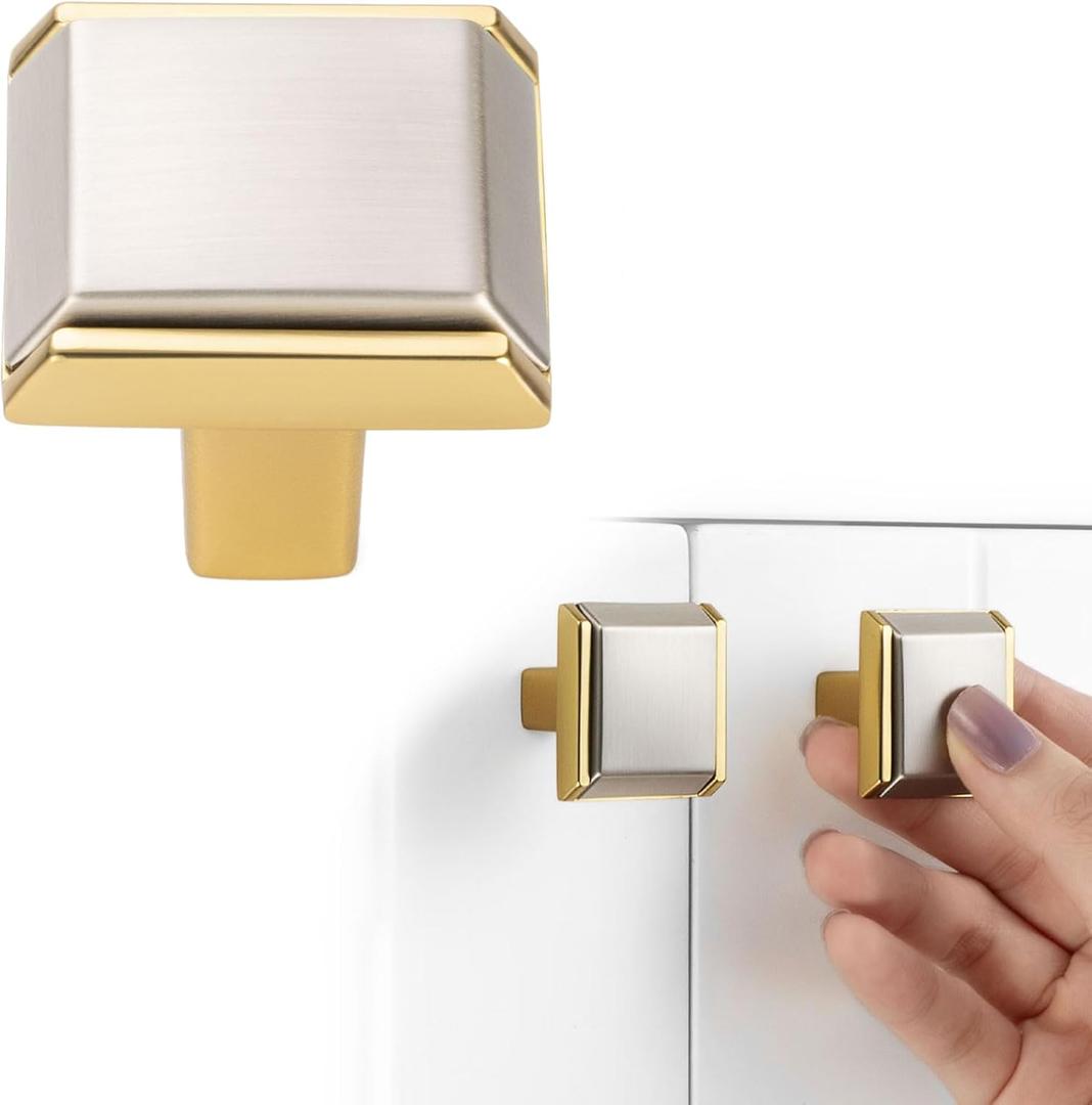 Nickel and Gold Cabinet Knobs Brushed Nickel and Gold Drawer Knobs, 10 Pack 1-1/4 Inch, 2281 Square Single Hole Cabinet Pulls for Kitchen Cabinets Drawers Bedroom Dresser Bathroom