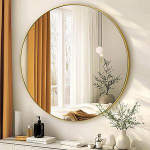 Gold Round Mirror, Circle Mirror 24 inch, Gold Round Bathroom Mirrors, Circle Wall Mirrors for Bathroom, Living Room, Hallway, Vanity, Over Sink, Mantel