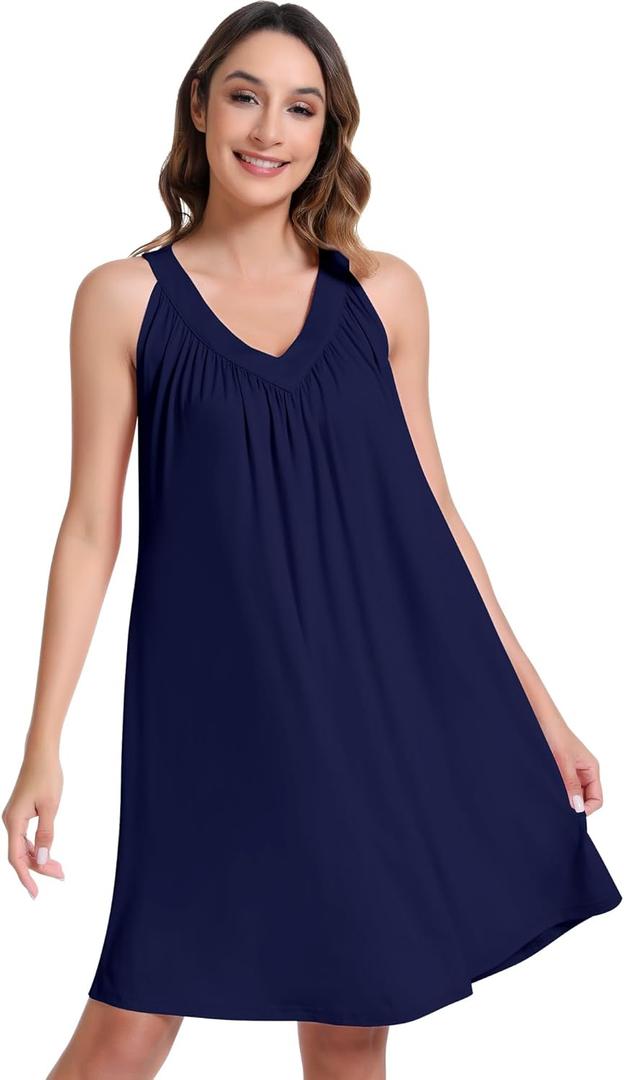 NACHILA Women's Nightgowns-Viscose Made from Bamboo, Sleeveless Sleep Shirts Pleated Night Dress Cool Sleepwear (XL)